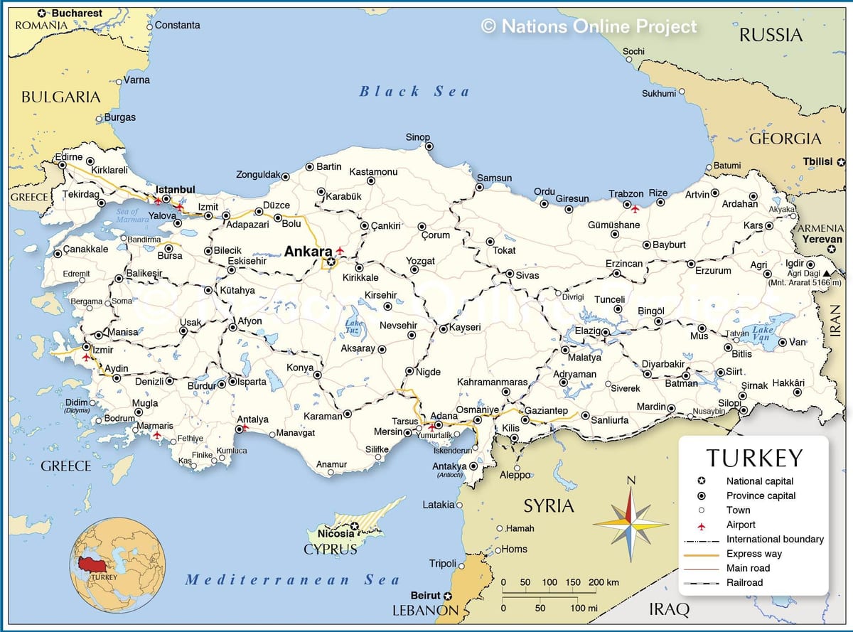 Turquía mapa del país de los países vecinos
