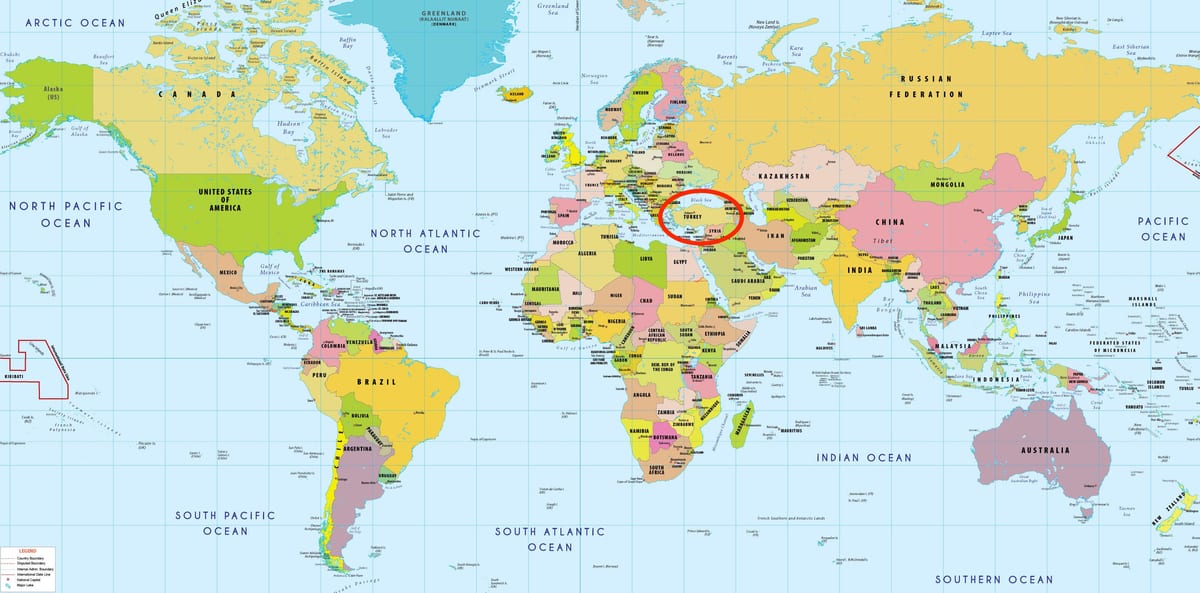 mapa del mundo que muestra Turquía