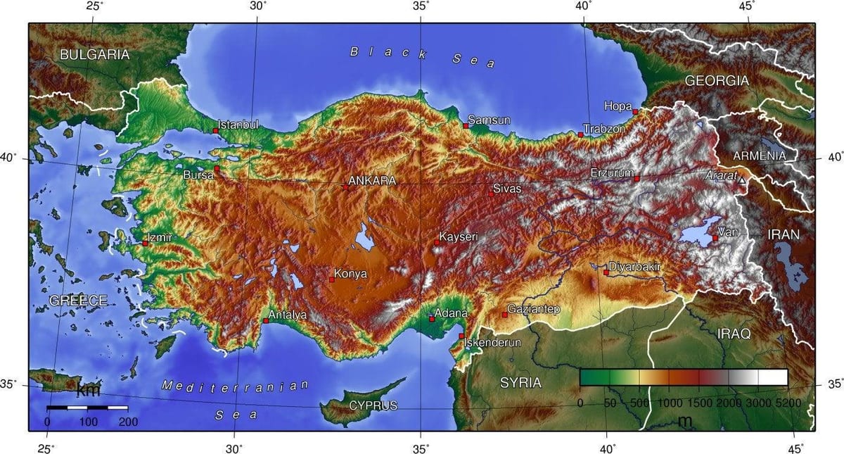 mapa de Turquía elevación