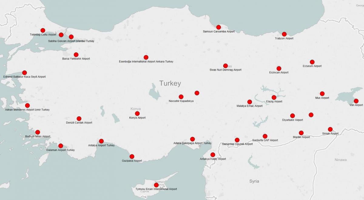 mapa de Turquía mostrar los aeropuertos