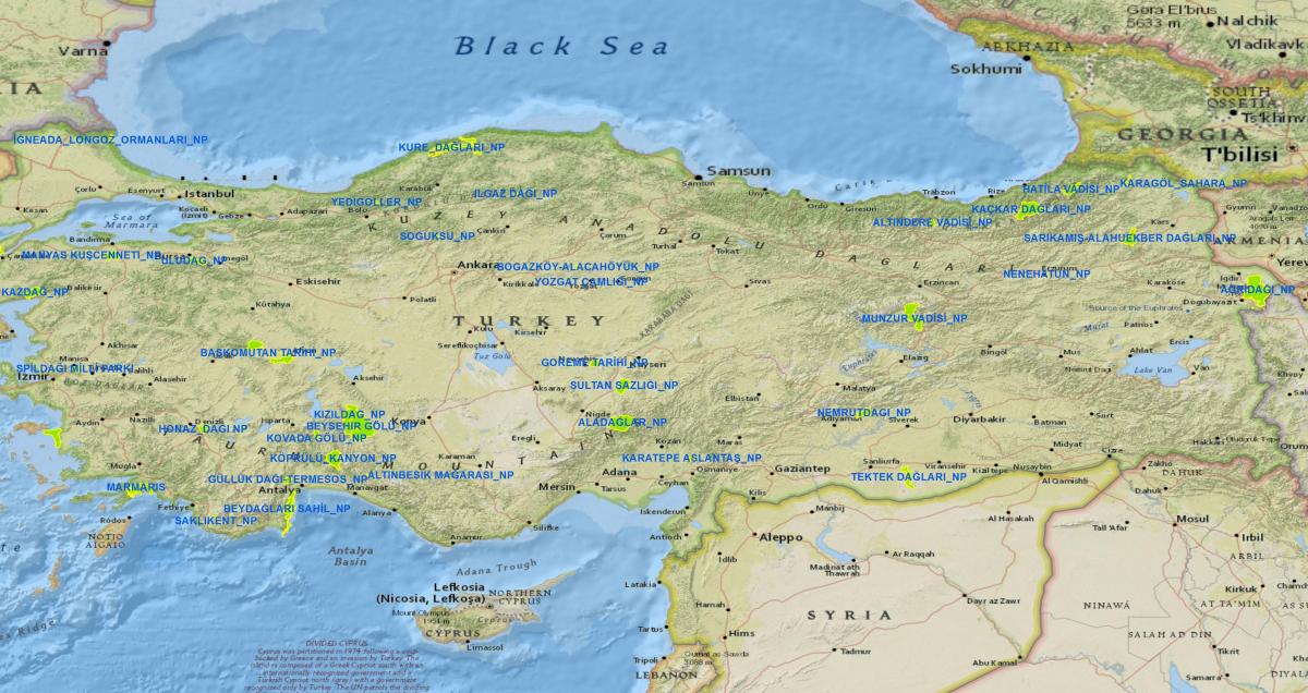 mapa de Turquía parques nacionales